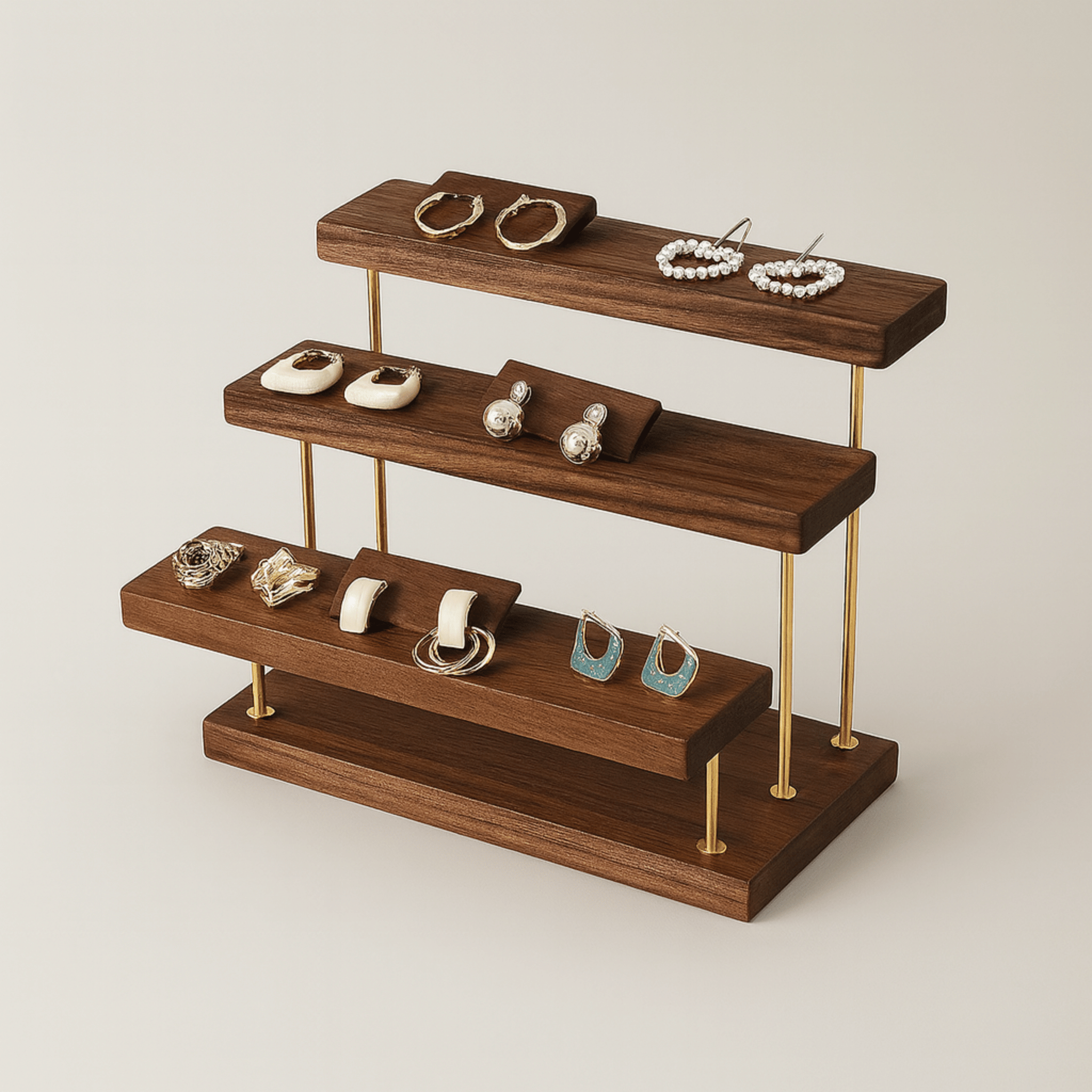 Vilma Black Walnut Jewelry Stand with Brass Accents, 3-Tier Horizontal, Stands, Stepped Display
